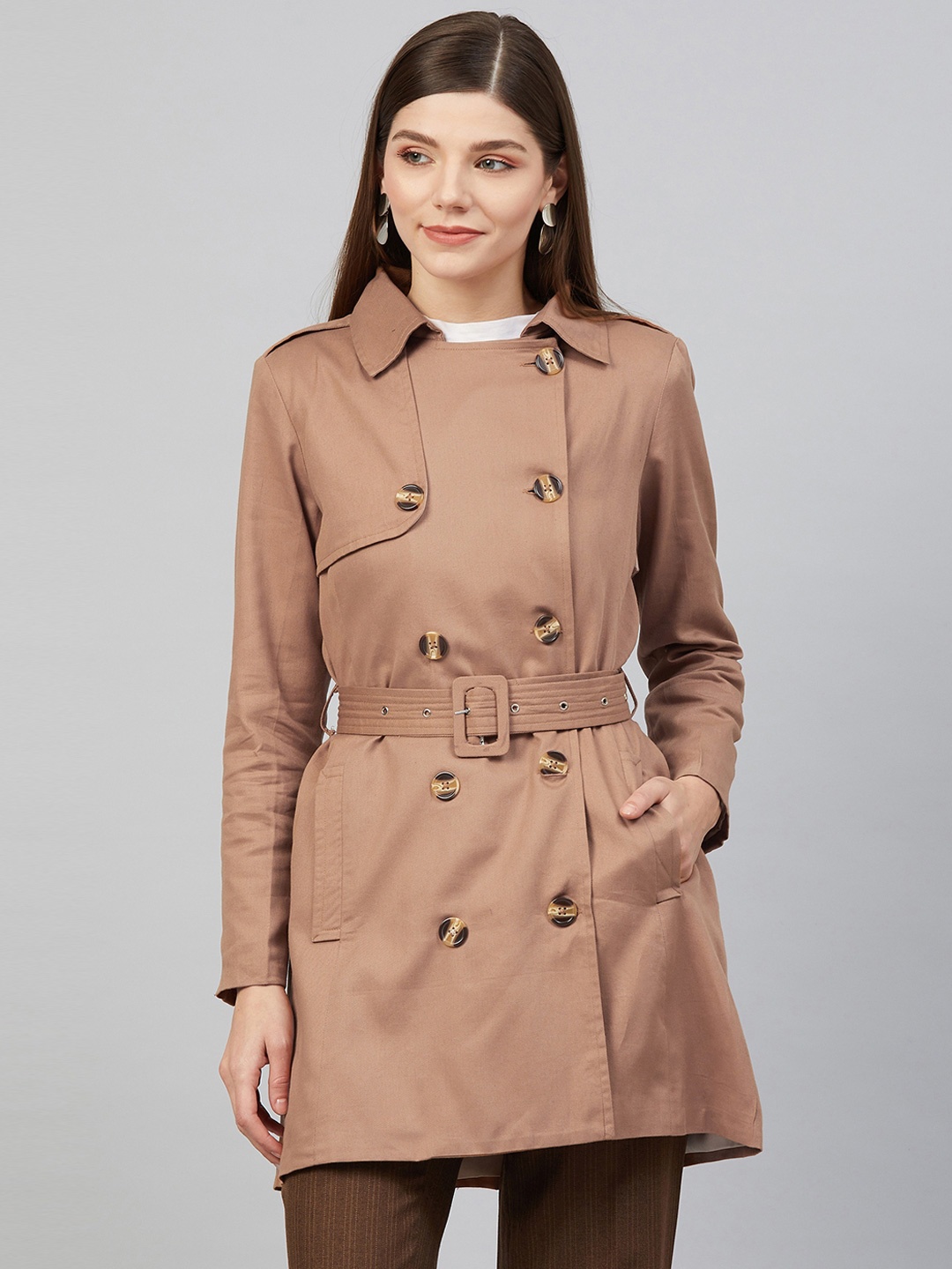 

Carlton London Women Khaki Solid Trench Coat