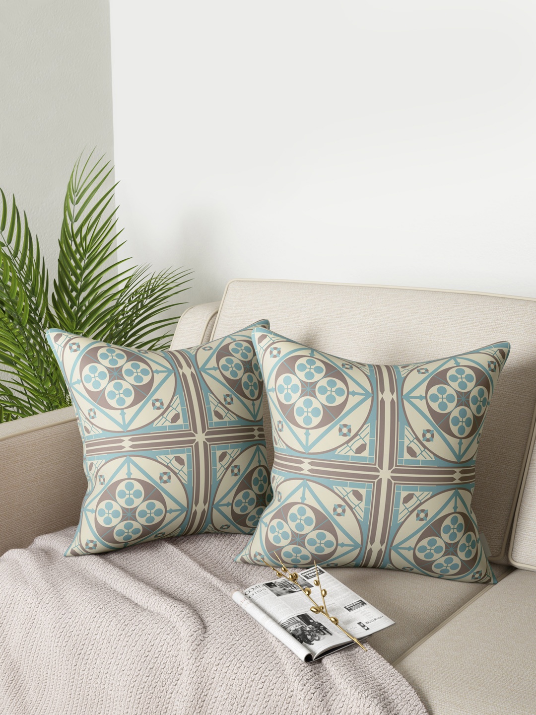 

PETAL HOME Beige & Blue Set of 2 Ethnic Motifs Square Cotton Cushion Covers