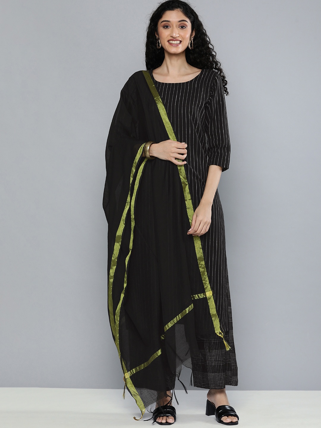 

Vishudh Women Black Striped Kurta with Palazzo & Dupatta