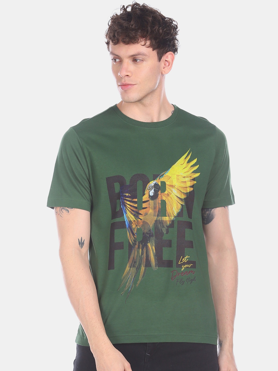 

Colt Men Green & Yellow Printed Round Neck T-shirt