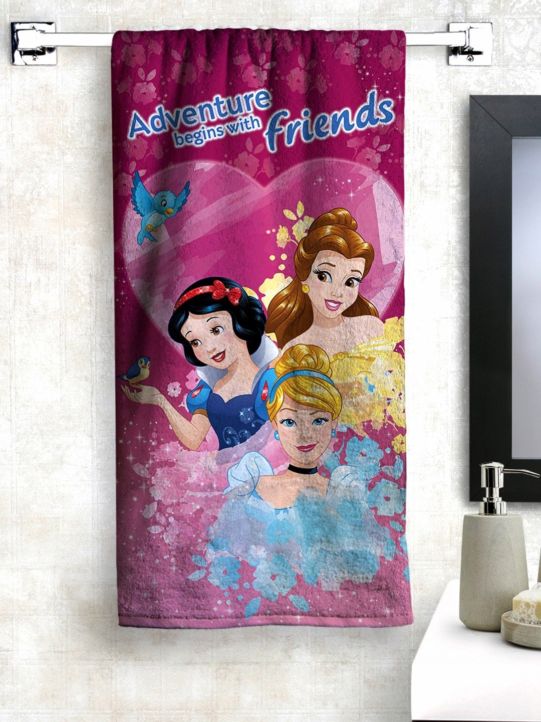 

Disney Athom Trendz Unisex Kids Pink & Yellow Princess Printed 350 GSM Bath Towel