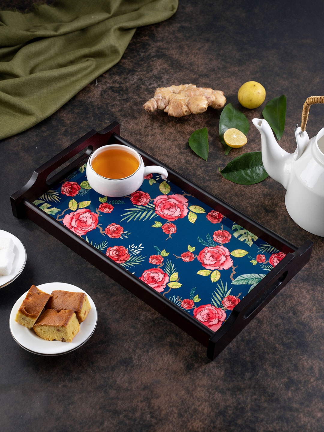 

KOLOROBIA Navy Blue 7 Pink Misty Morning Rose Printed Wooden Tray
