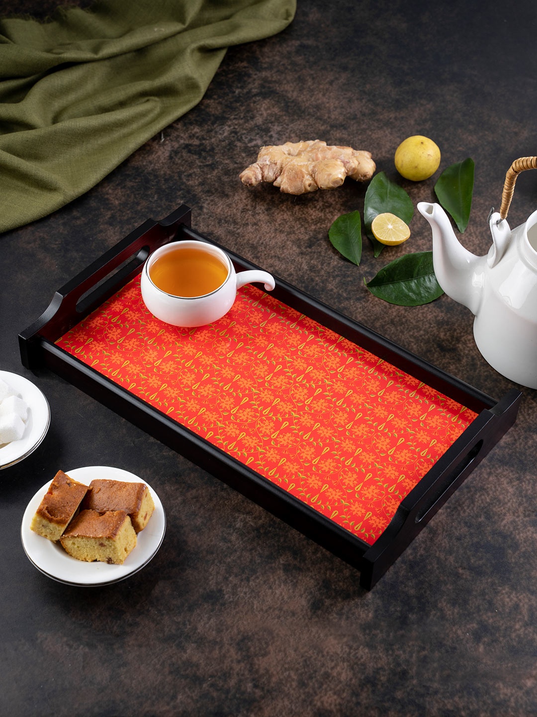 

KOLOROBIA Black & Orange Printed Wooden Tray