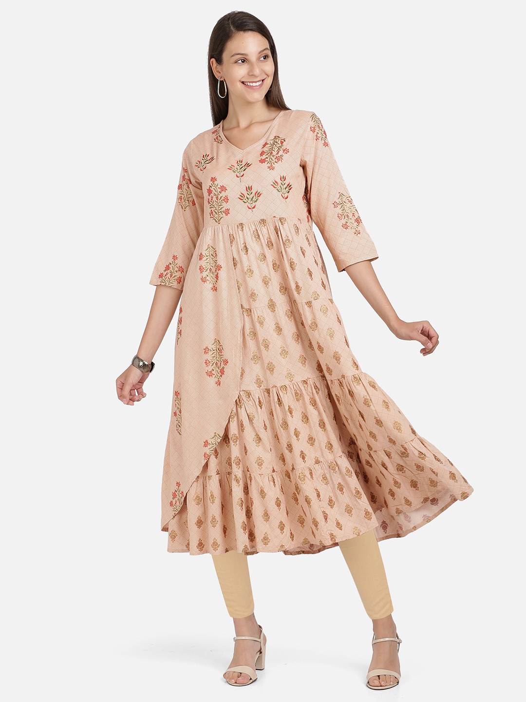 

Vbuyz Women Peach-Coloured Printed Anarkali Kurta