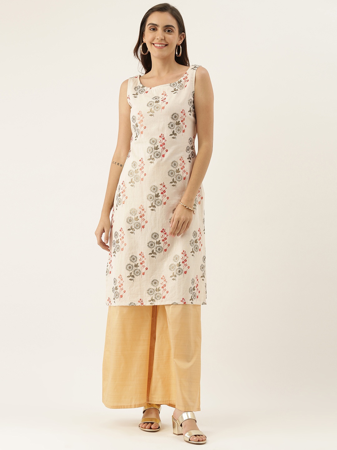 

Ethnovog Women Cream-Coloured Beige Printed Kurta with Palazzos