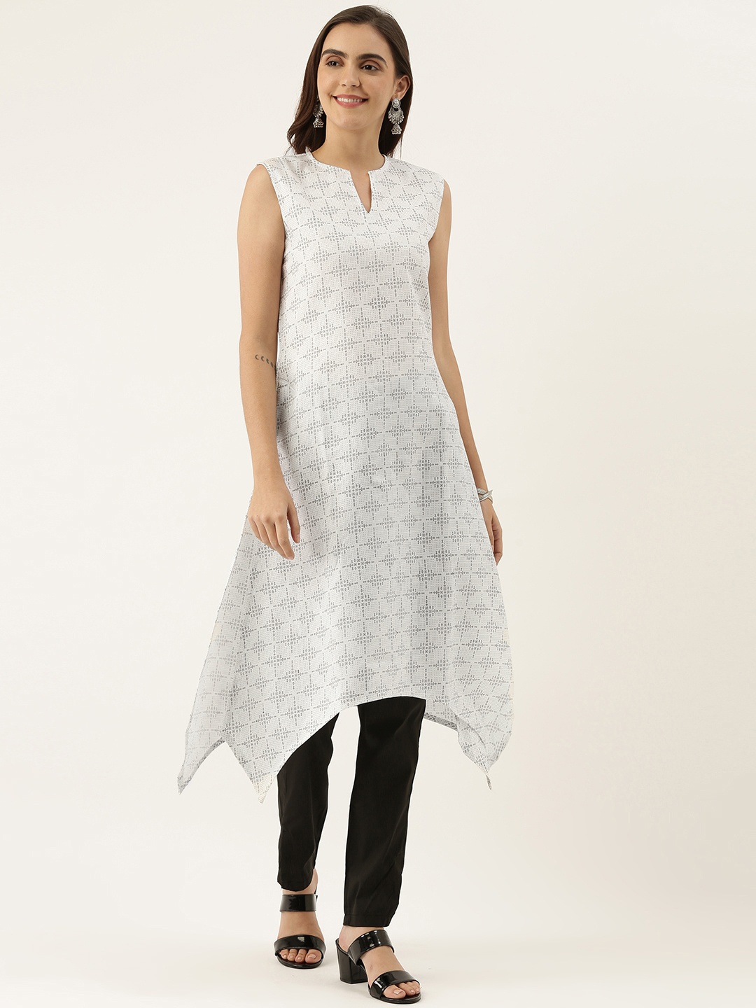 

Ethnovog Women White Black Printed A-Line Kurta