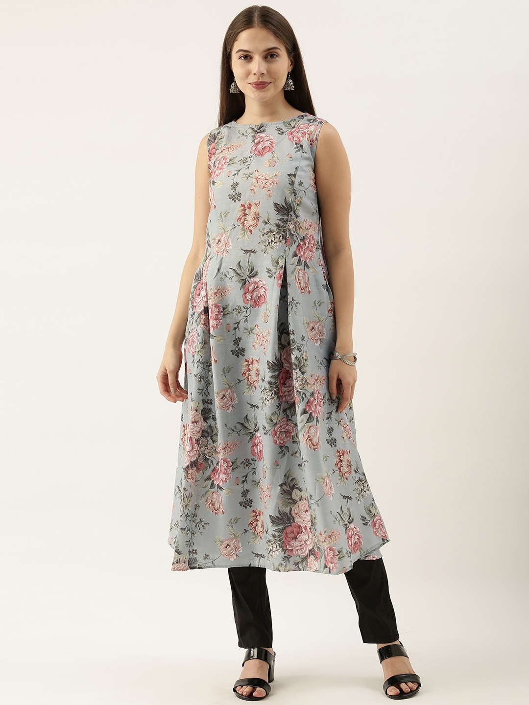 

Ethnovog Women Green Pink Floral Printed Floral Made To Measure Kurta
