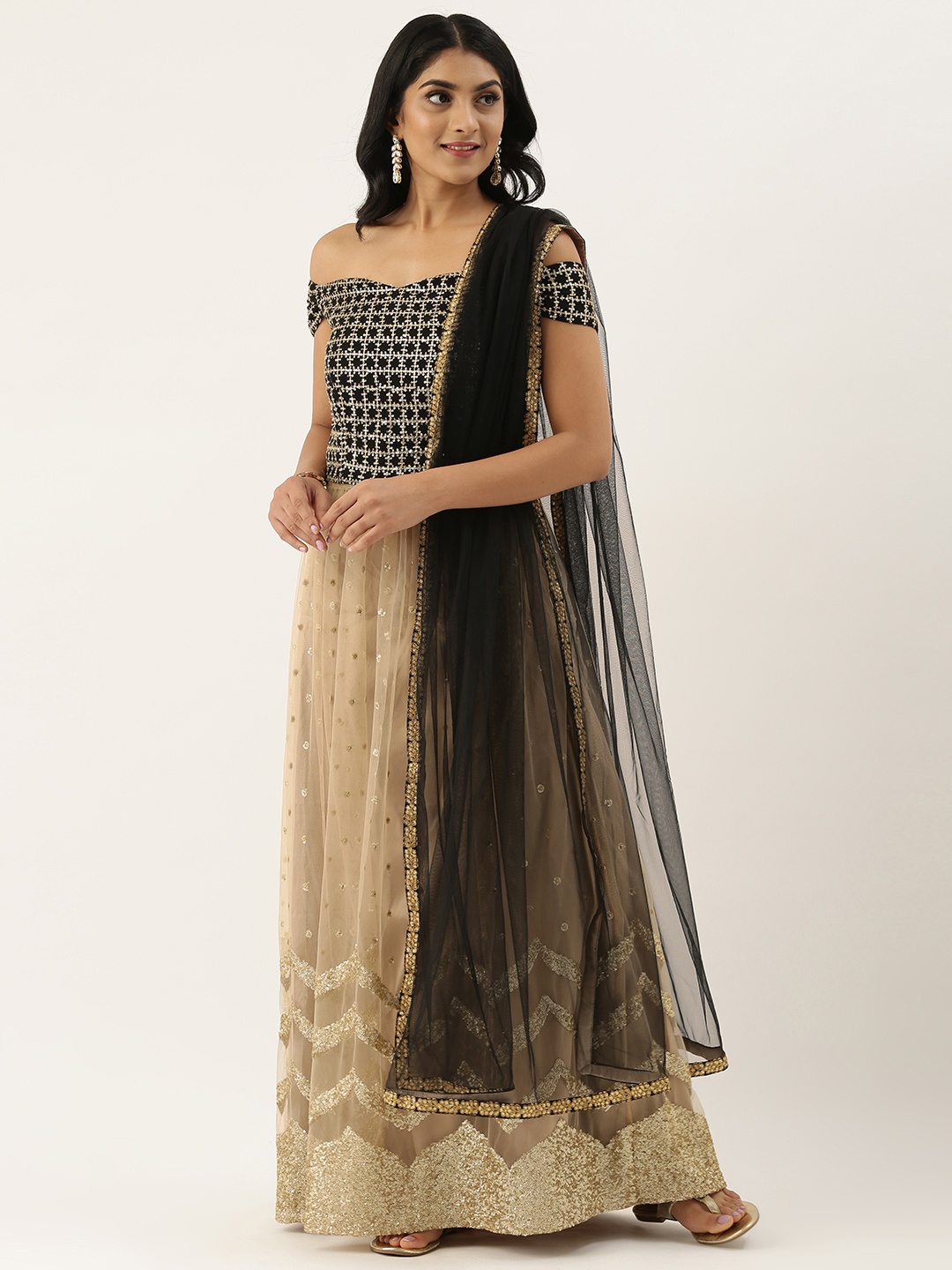 

Ethnovog Black Beige Embellished Made to Measure Lehenga Blouse with Dupatta