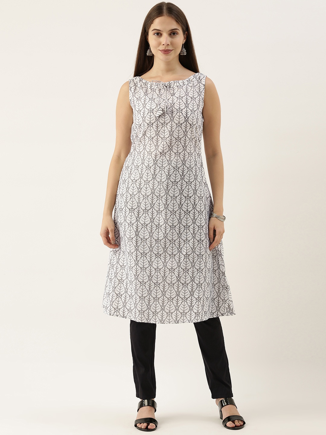 

Ethnovog Women White Black Printed Kurta with Trousers