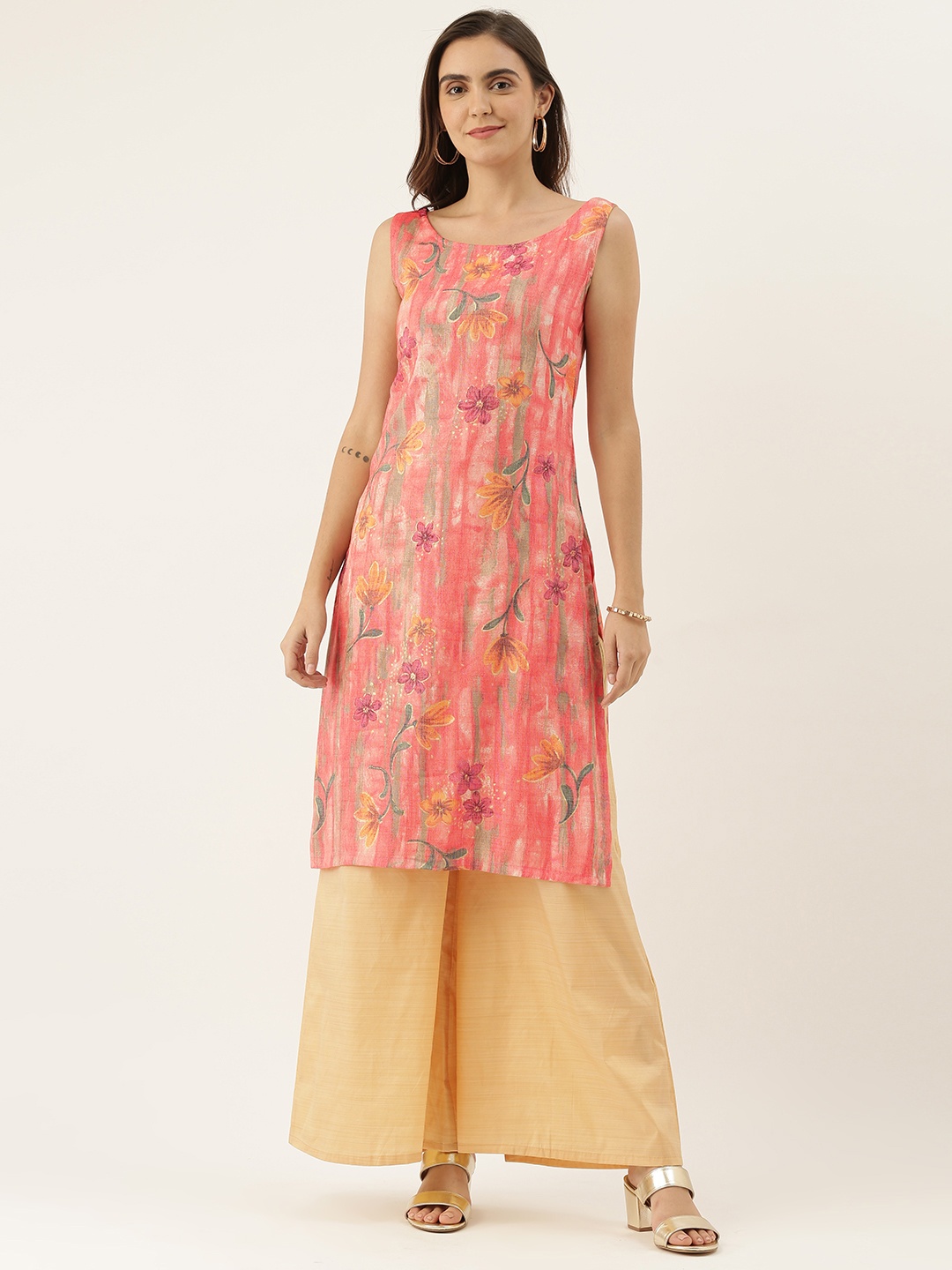 

Ethnovog Women Pink Beige Printed Kurta with Palazzos