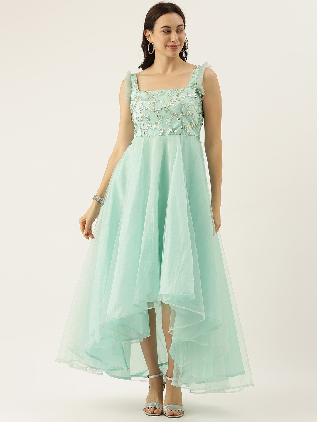 

Ethnovog Women Mint Green Embellished Fit and Flare Made To measure Dress