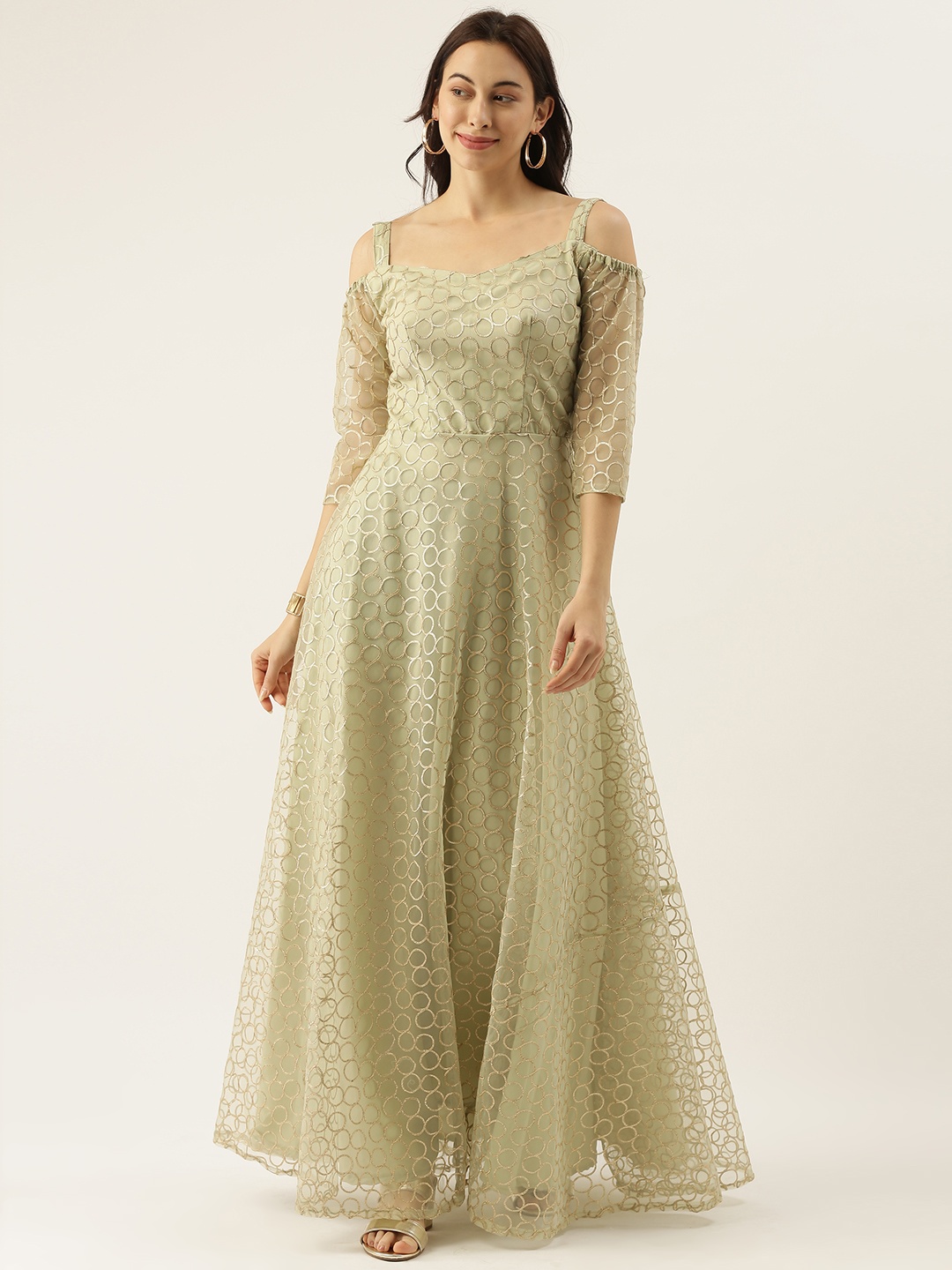 

Ethnovog Women Green Self Design Fit and Flare Made To Measure Dress