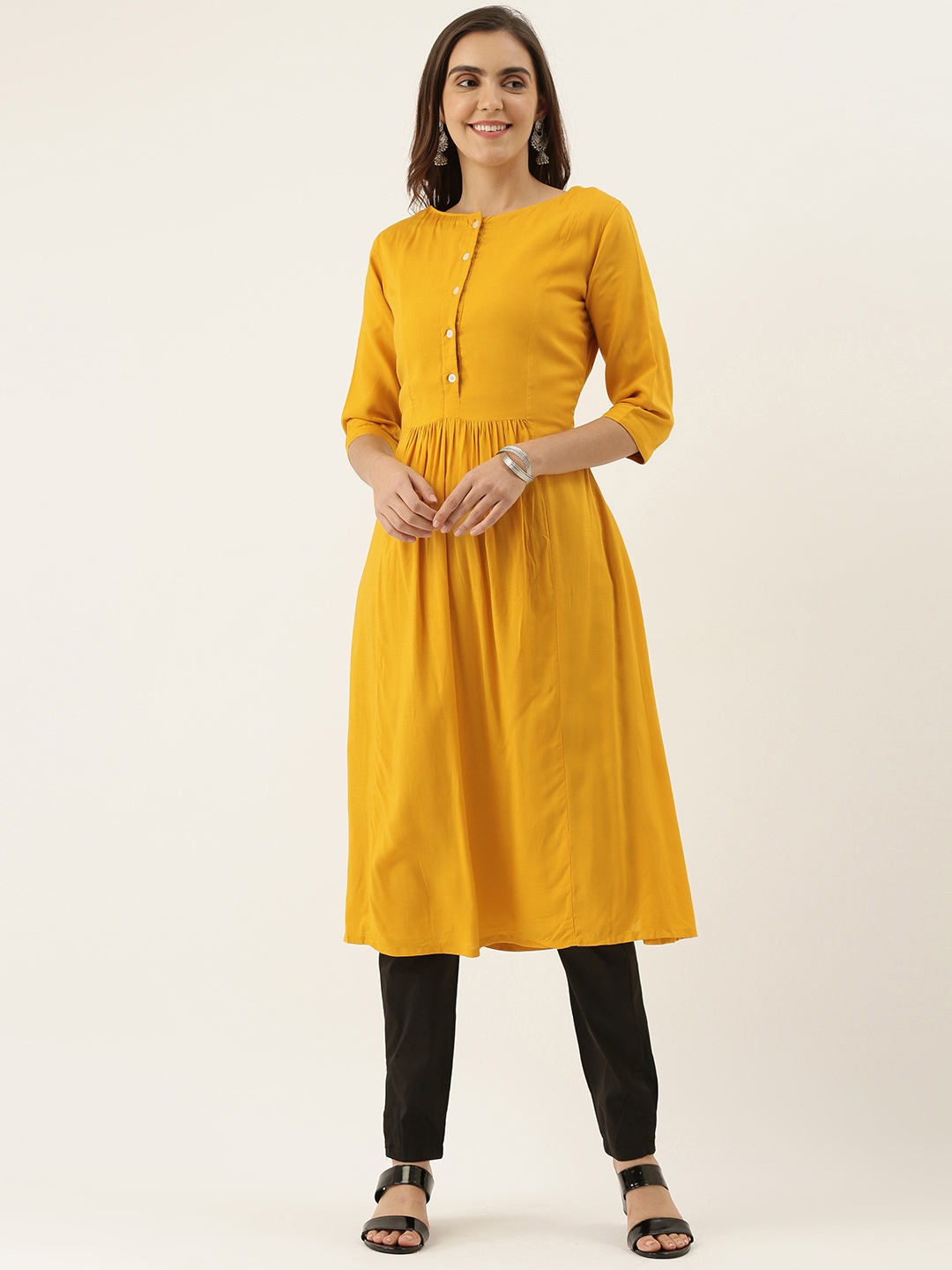 

Ethnovog Women Yellow Solid TENCEL High Neck A-Line Made to Measure Kurta