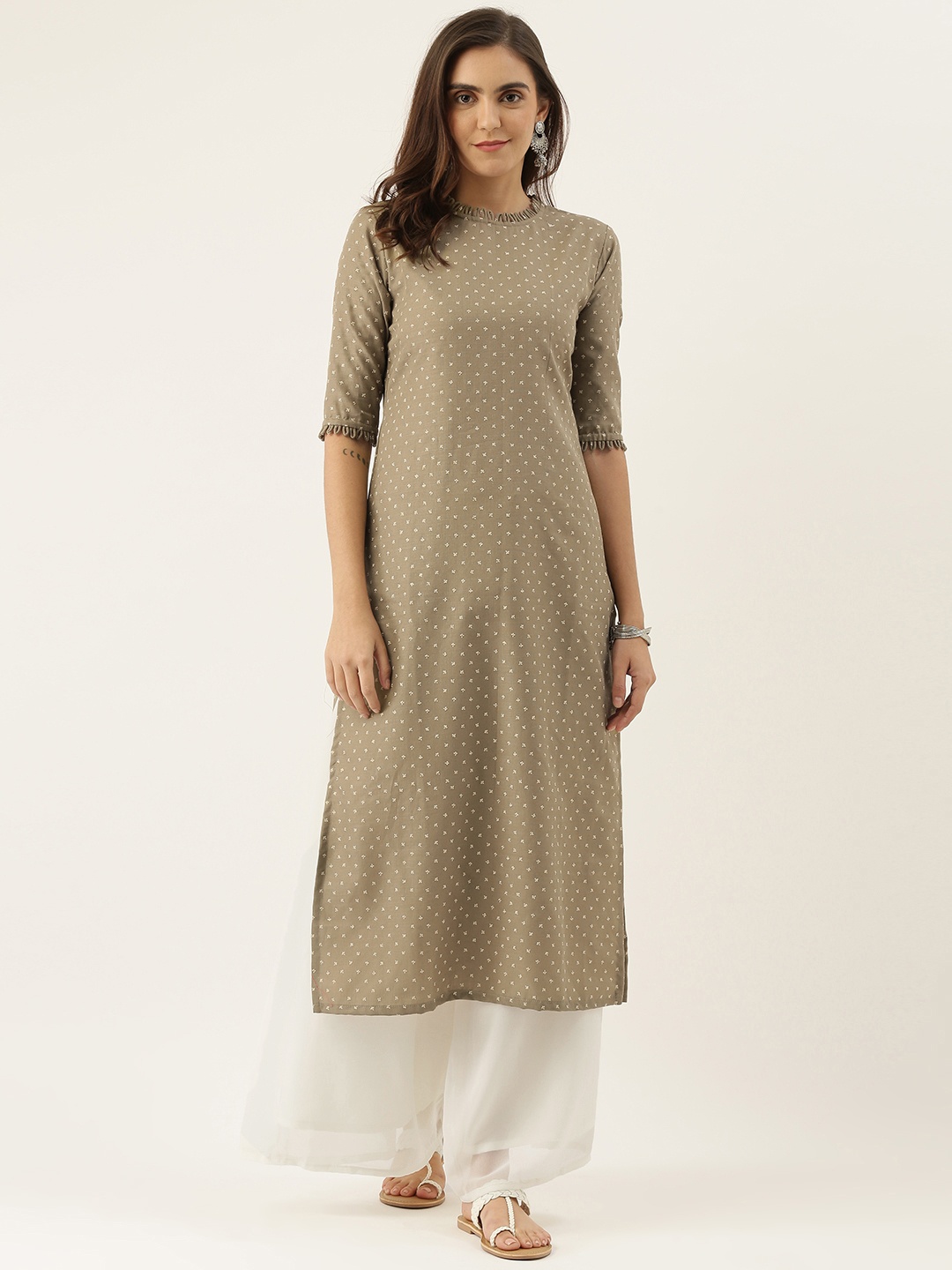 

Ethnovog Women Grey White Printed Straight Kurta
