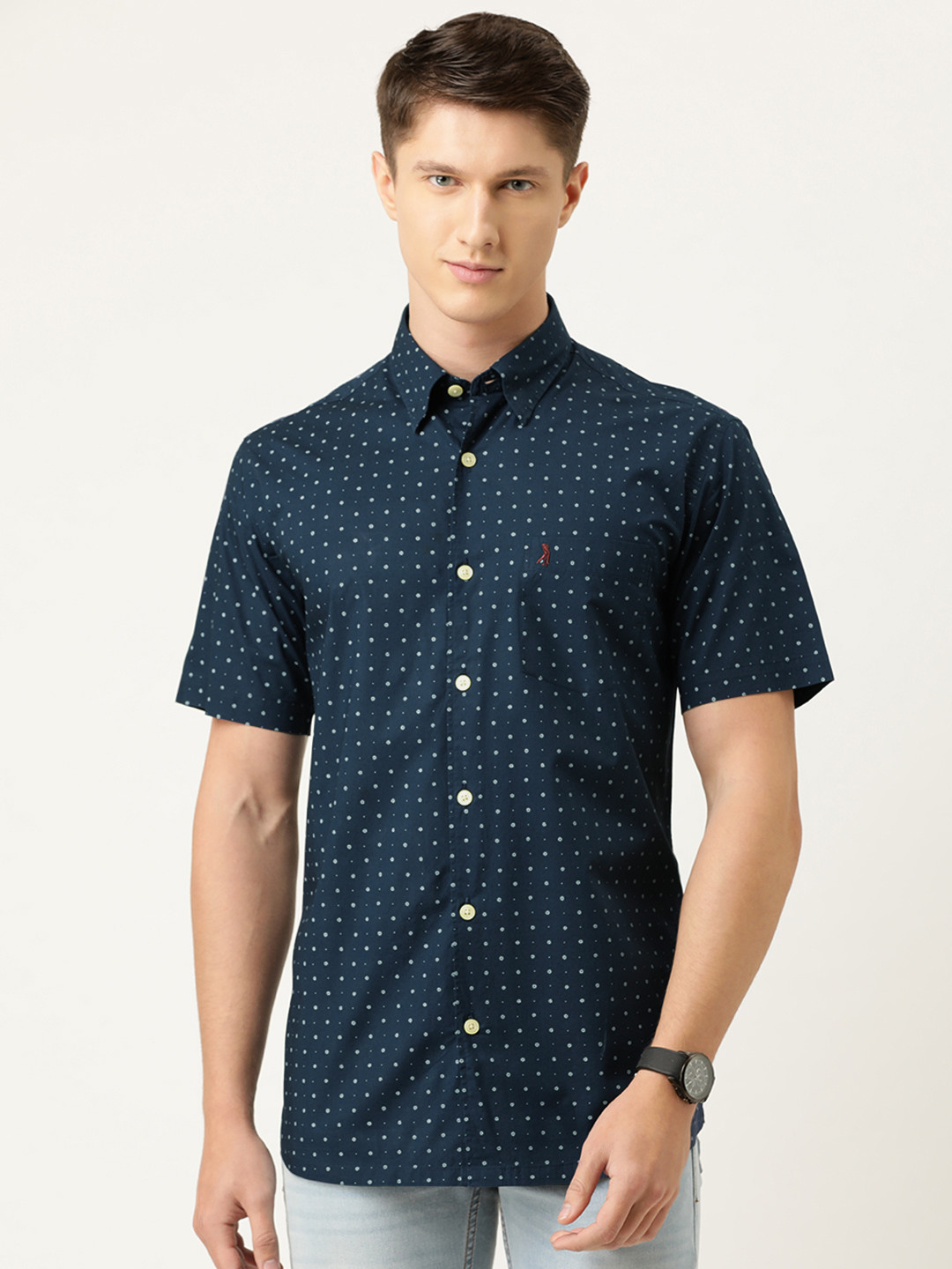 

Burnt Umber Men Blue Micro Floral Print Slim Fit Pure Cotton Casual Shirt