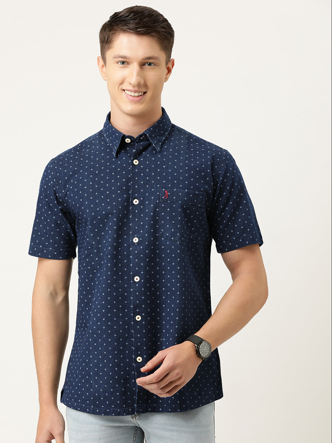 

Burnt Umber Men Navy Blue Micro Ditsy Print Slim Fit Pure Cotton Casual Shirt