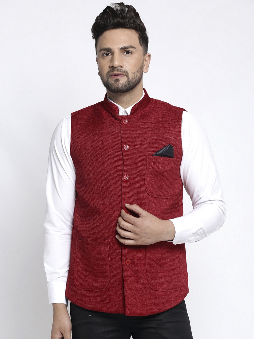 

KLOTTHE Men Maroon Solid Woven Nehru Jacket