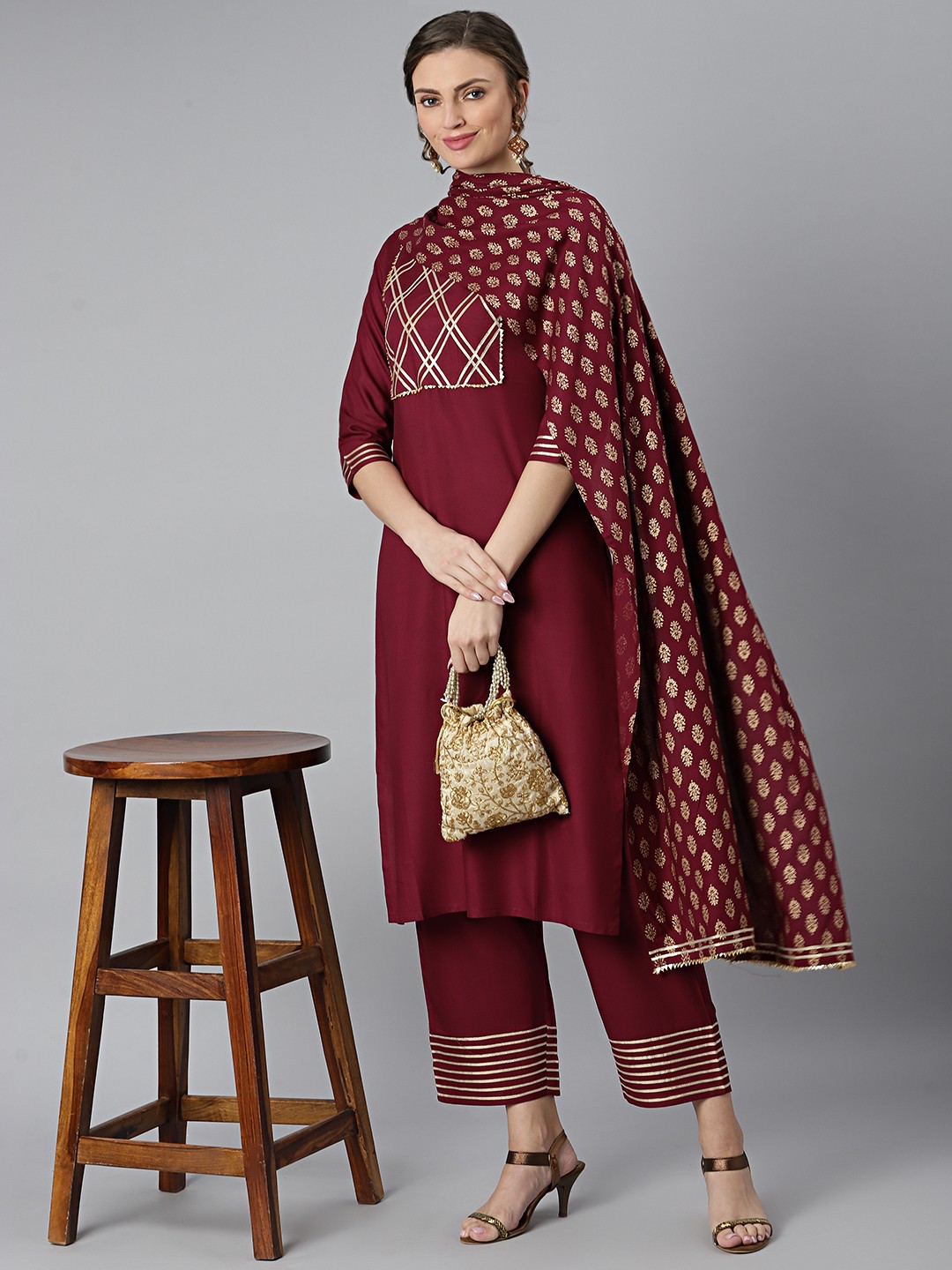 

Khushal K Women Maroon & Gold-Toned Printed Kurta with Trousers & Dupatta