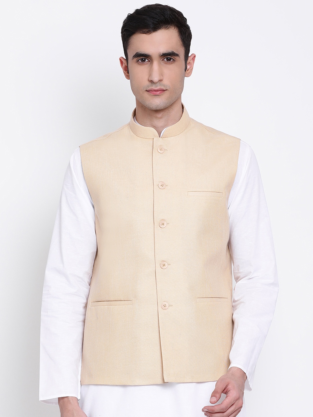 

NAMASKAR Men Cream-Coloured Solid Nehru Jacket