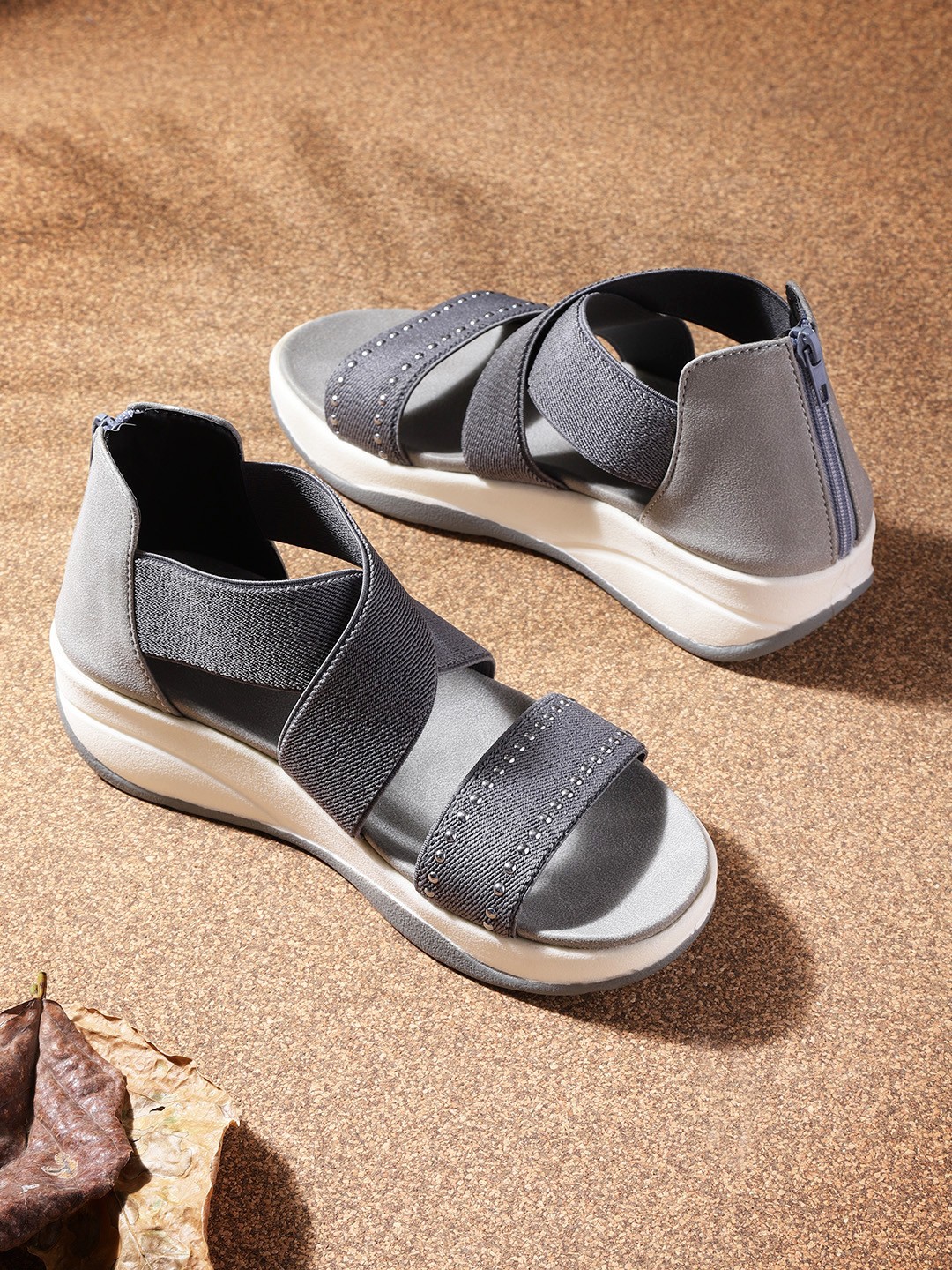 

The Roadster Lifestyle Co Women Grey Solid Comfort Heels With Rivets Embellished Detail