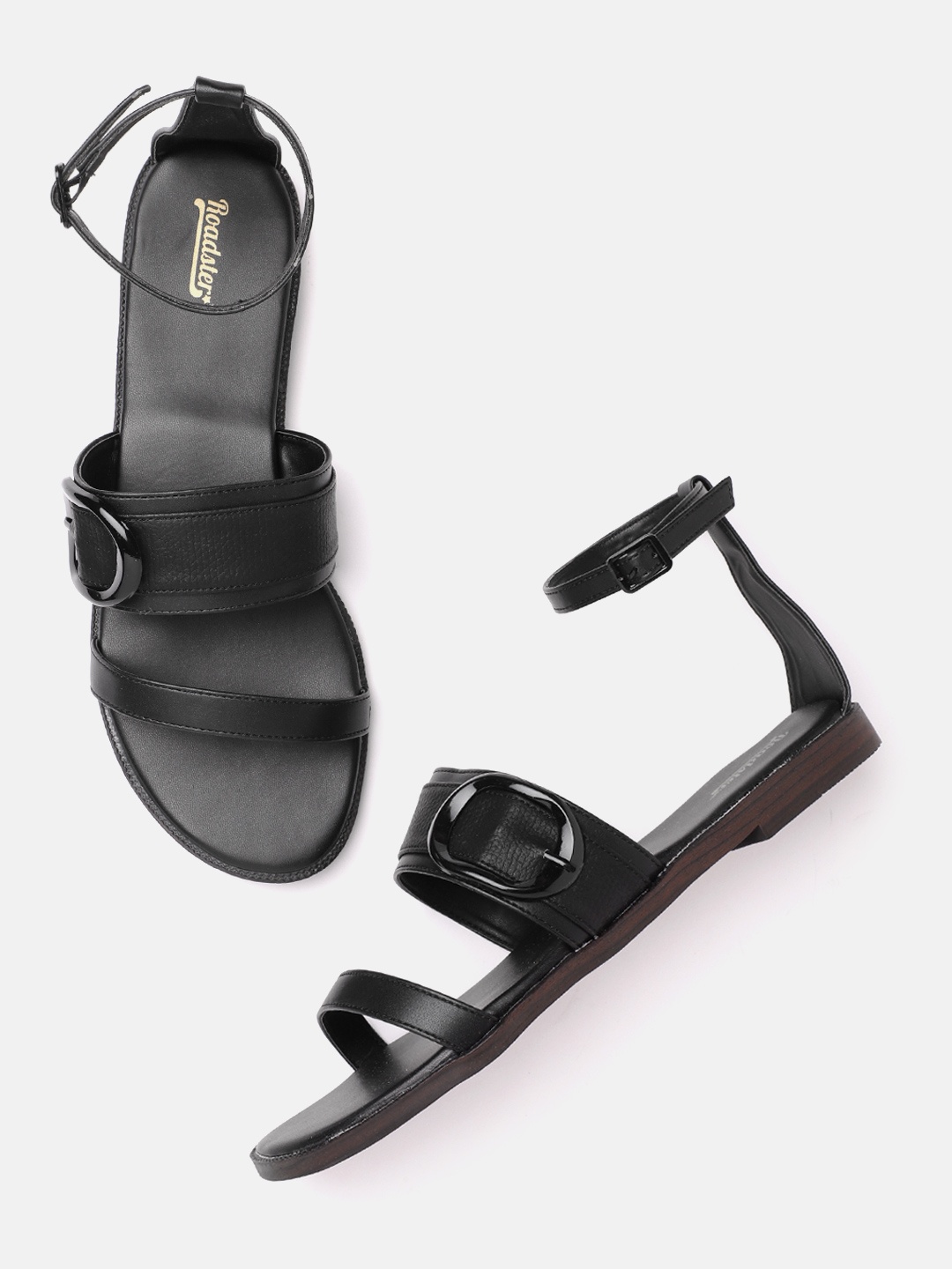 

The Roadster Lifestyle Co Women Black Solid Mid-Top Open Toe Flats with Buckle Detail