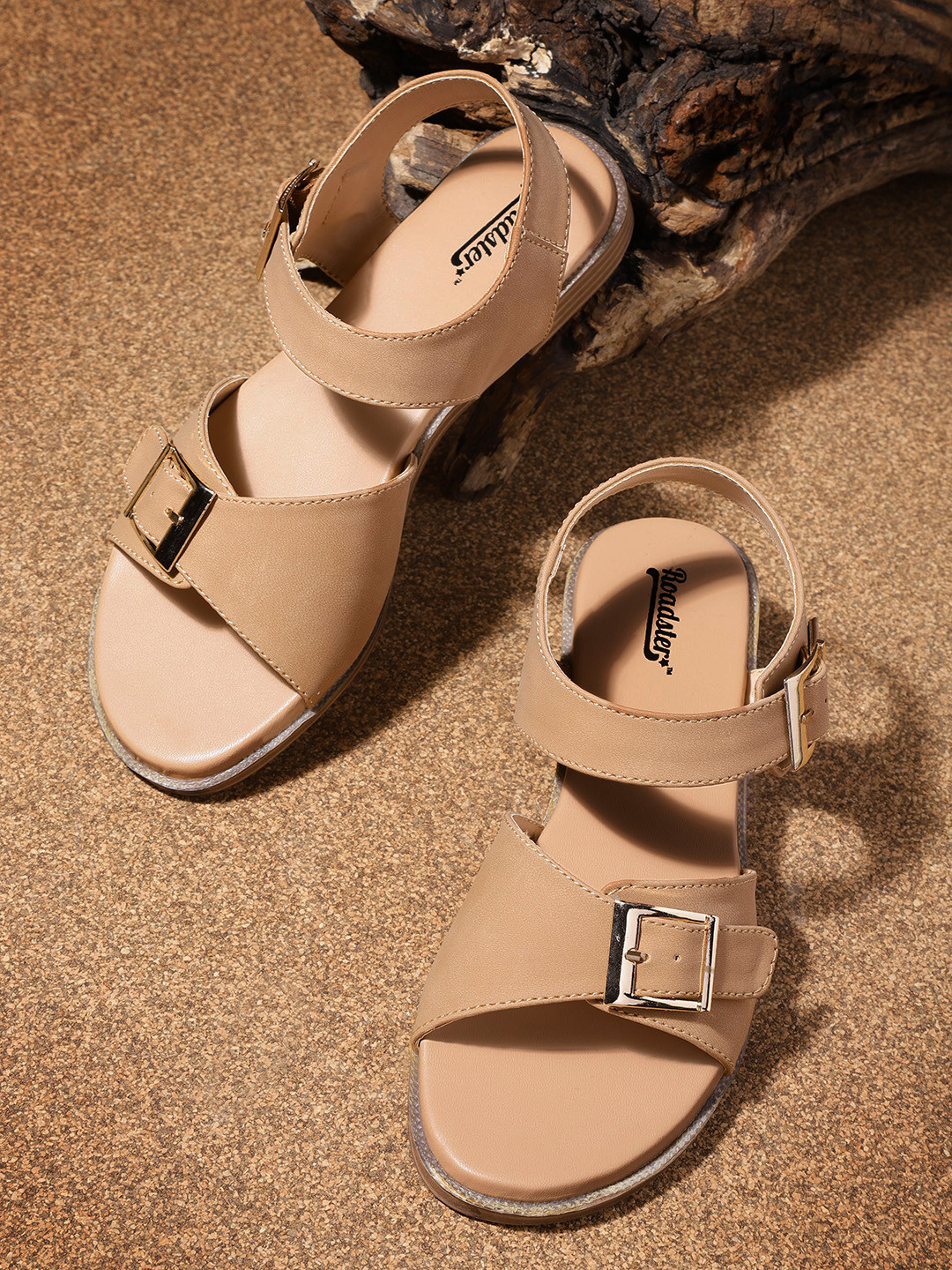

The Roadster Lifestyle Co Women Beige Solid Open Toe Flats with Buckle Detail