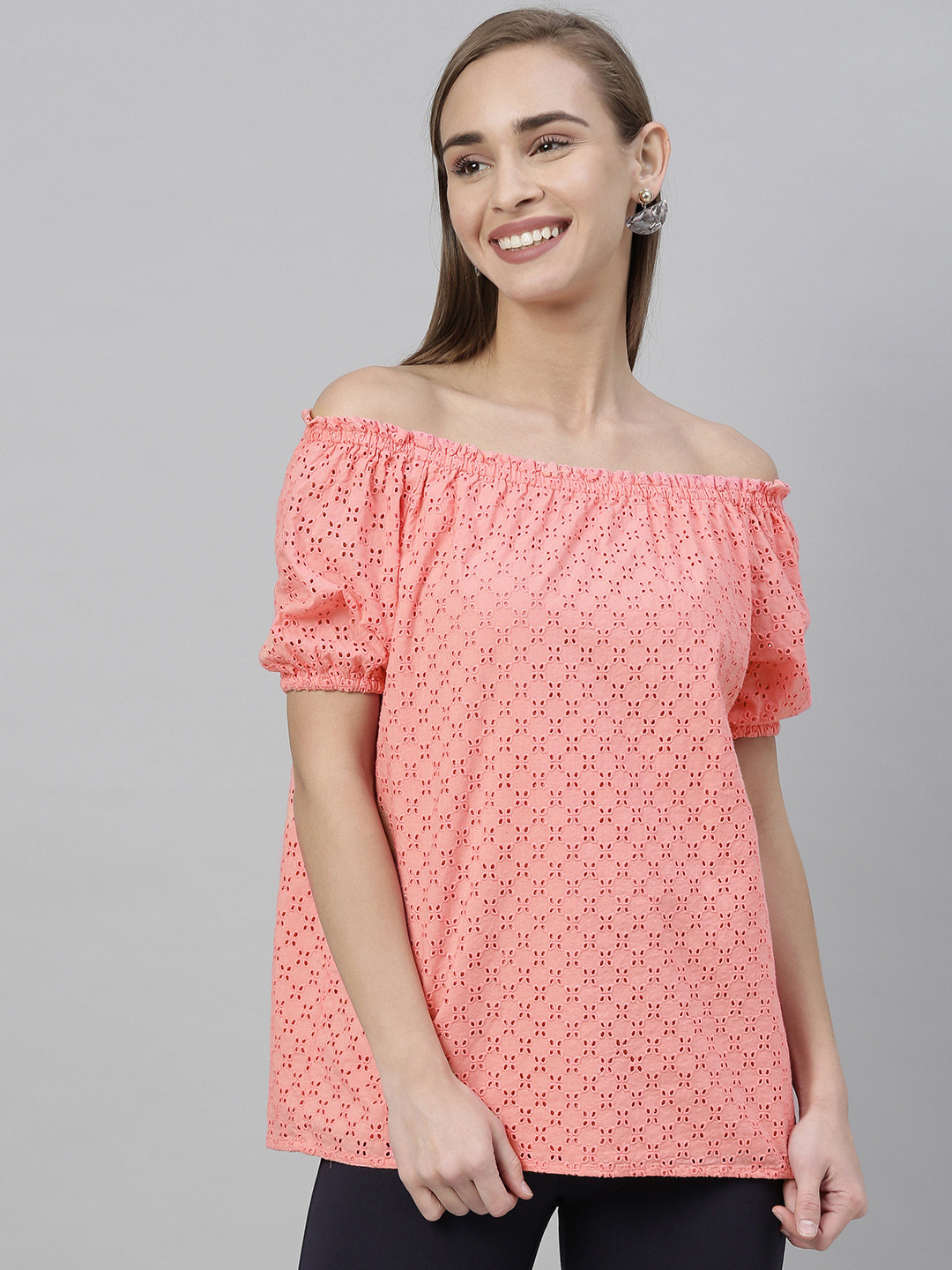 

Vero Moda Women Pink Self Design Bardot Top