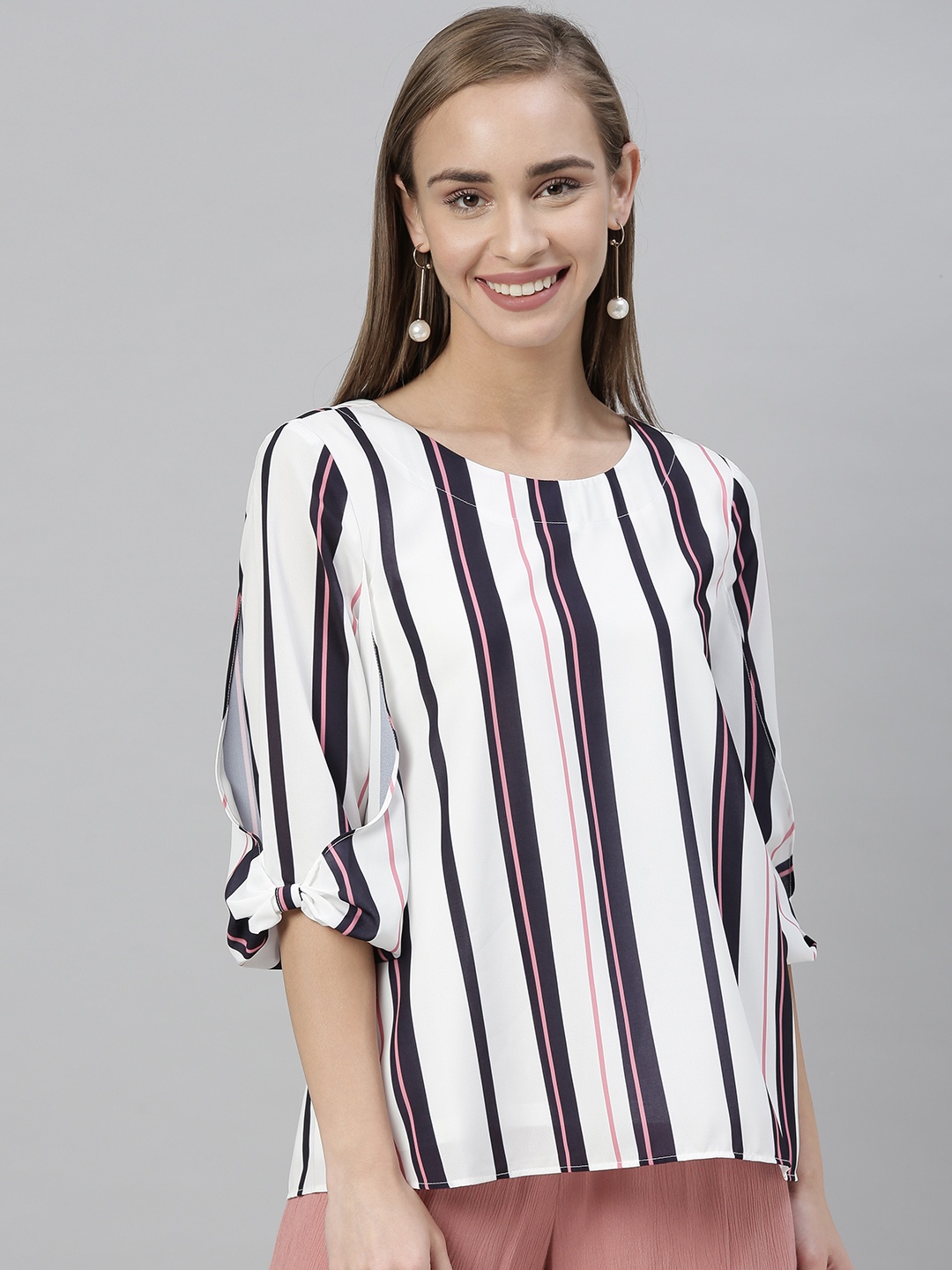 

Vero Moda Women White & Navy Blue Striped Top