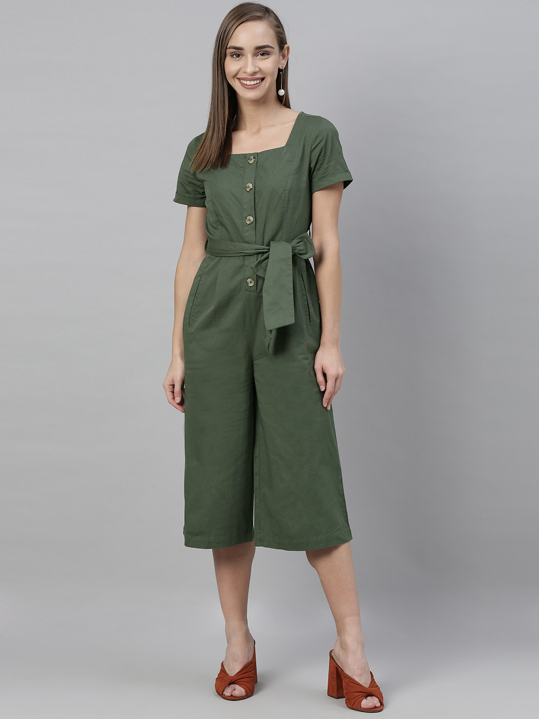 

Vero Moda Women Olive Green Solid Capri Jumpsuit