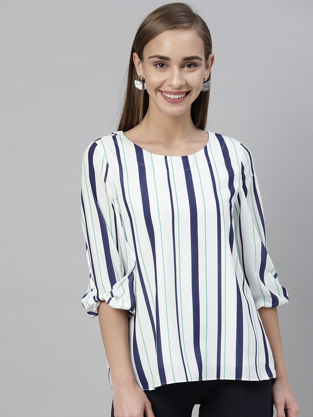 

Vero Moda Women White & Navy Blue Striped Top