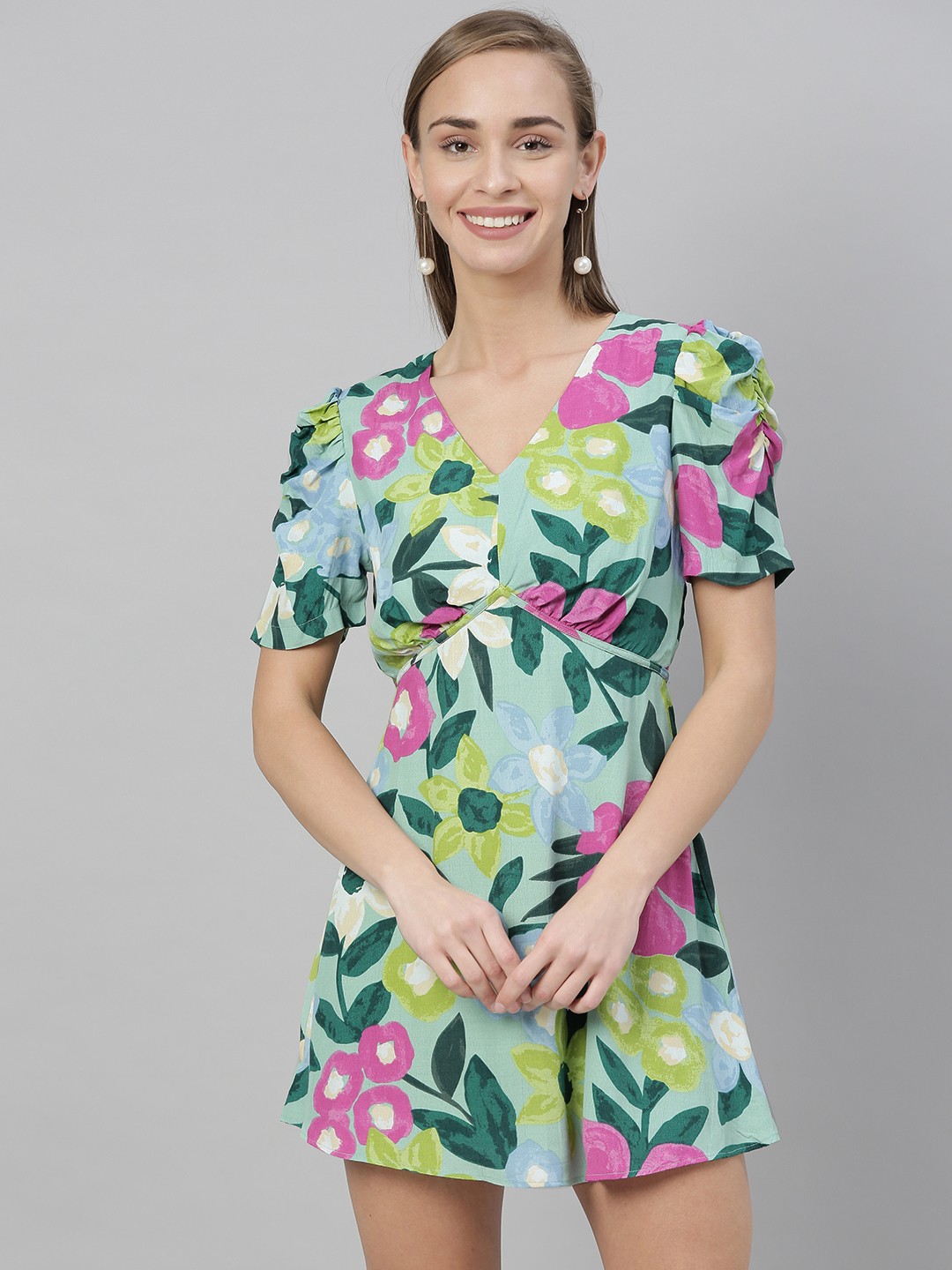 

Vero Moda Women Green & Pink Printed Fit and Flare Mini Dress