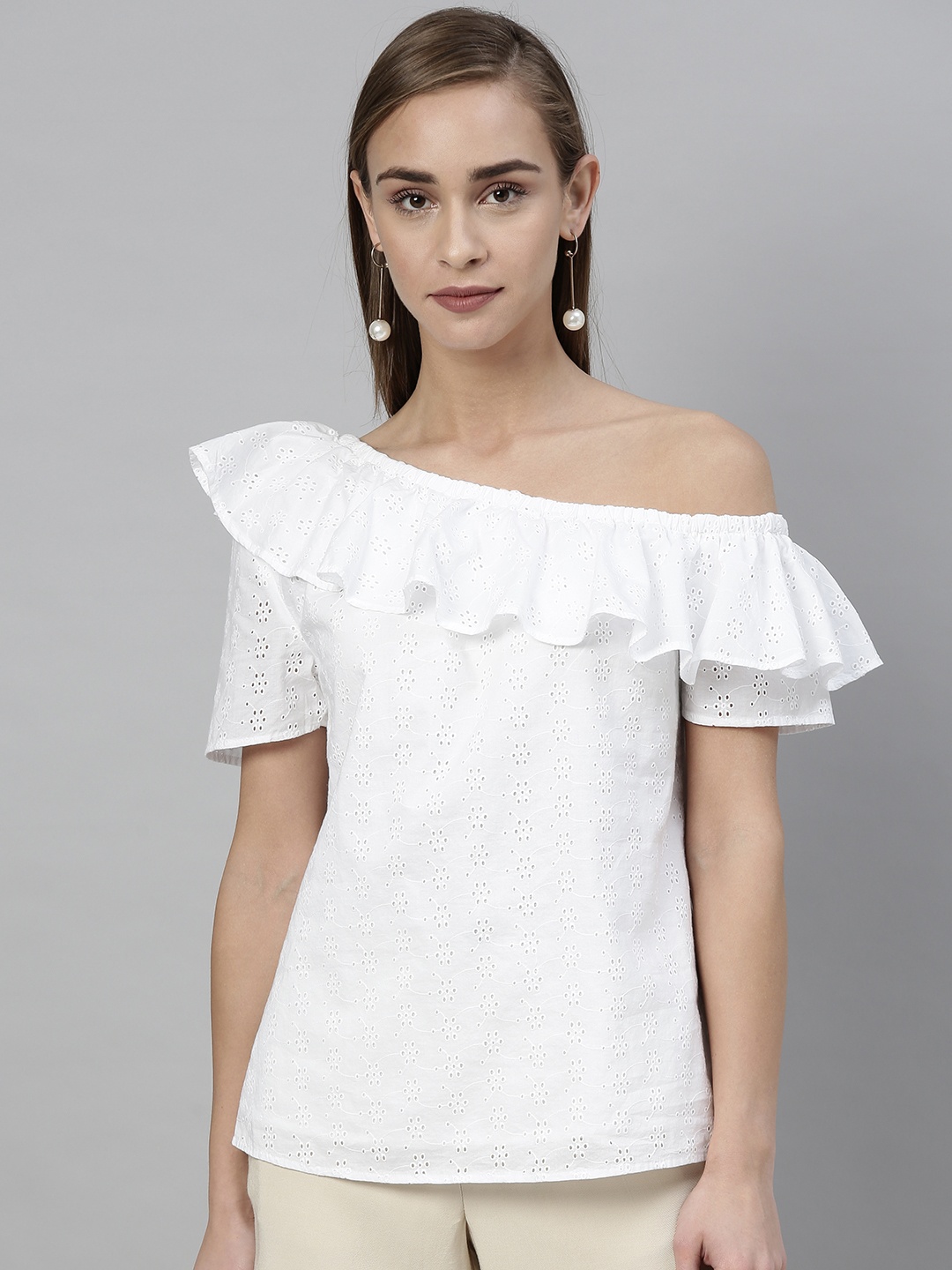 

Vero Moda Women White Self Design One-Shoulder Schiffli Top