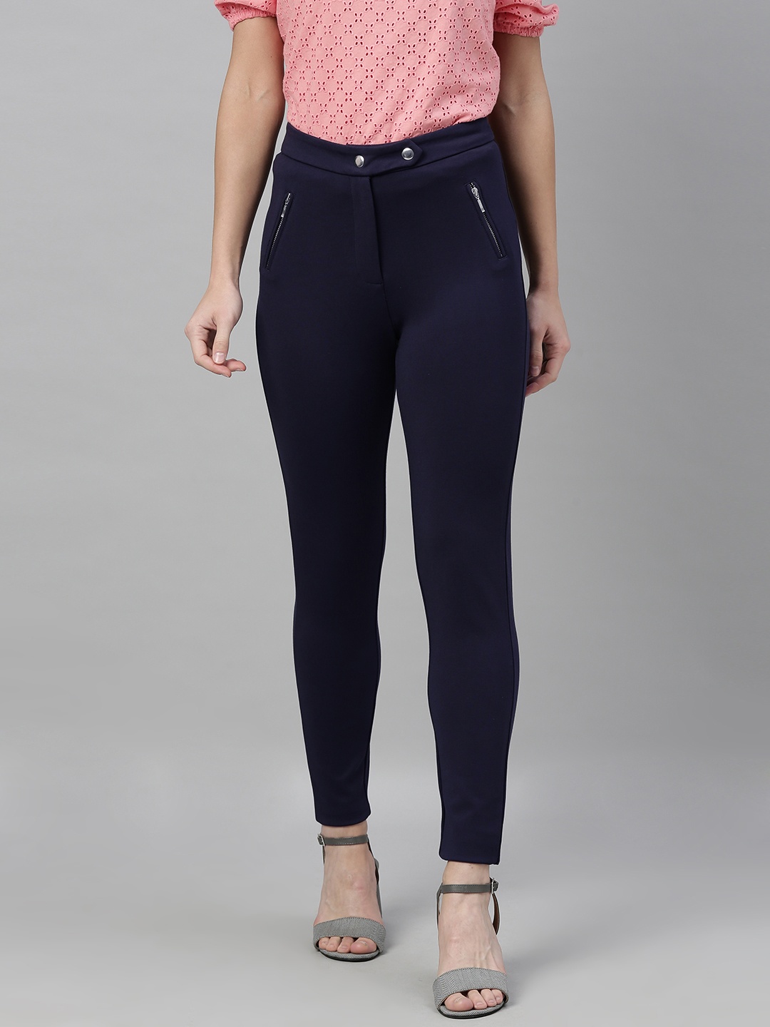 

Vero Moda Women Navy Blue Solid Skinny Fit Treggings With Zip Detailing