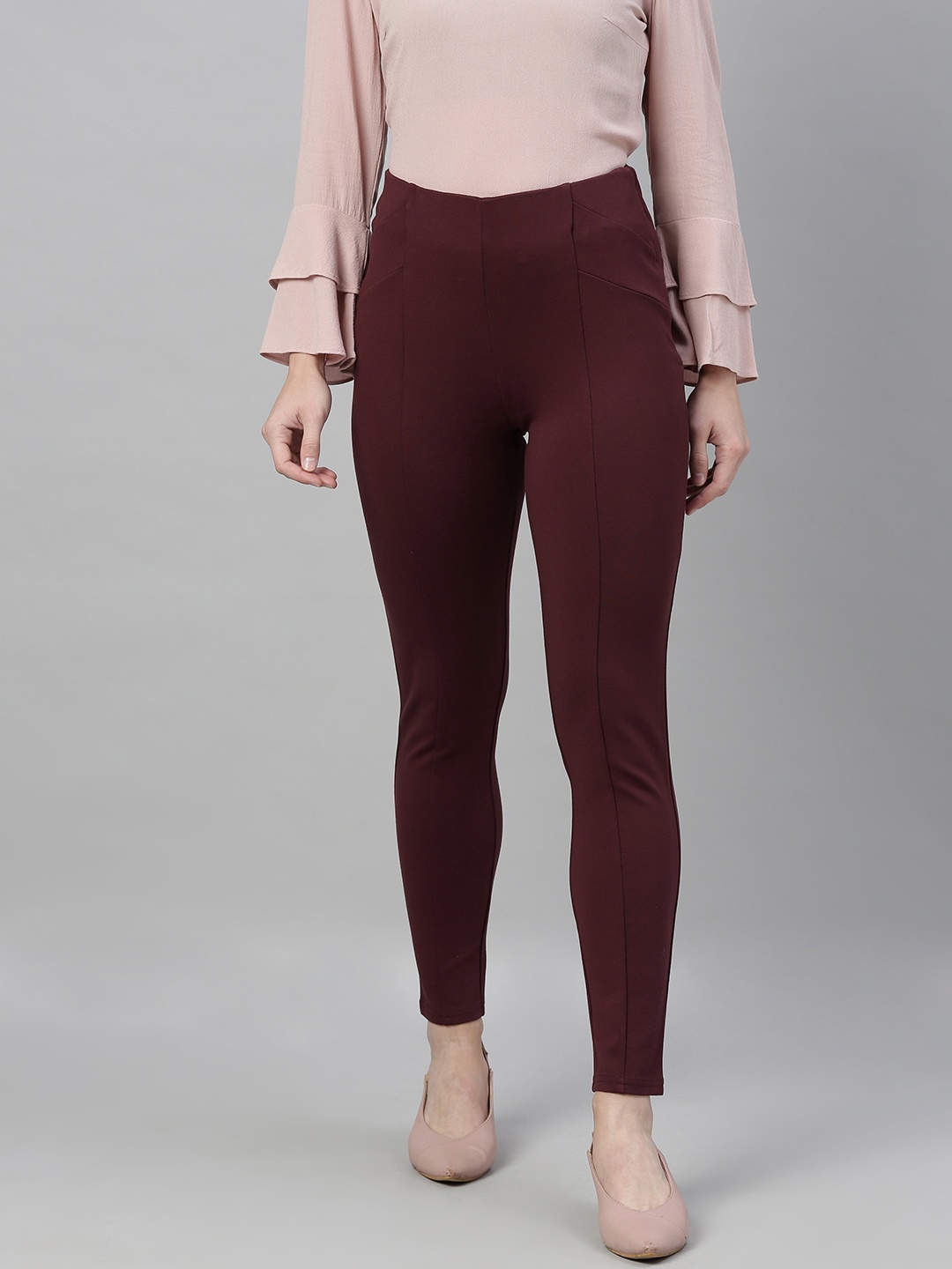 

Vero Moda Women Burgundy Solid Ankle Length Treggings