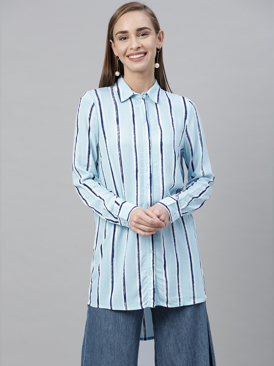 

Vero Moda Women Blue & White Regular Fit Striped Casual Shirt