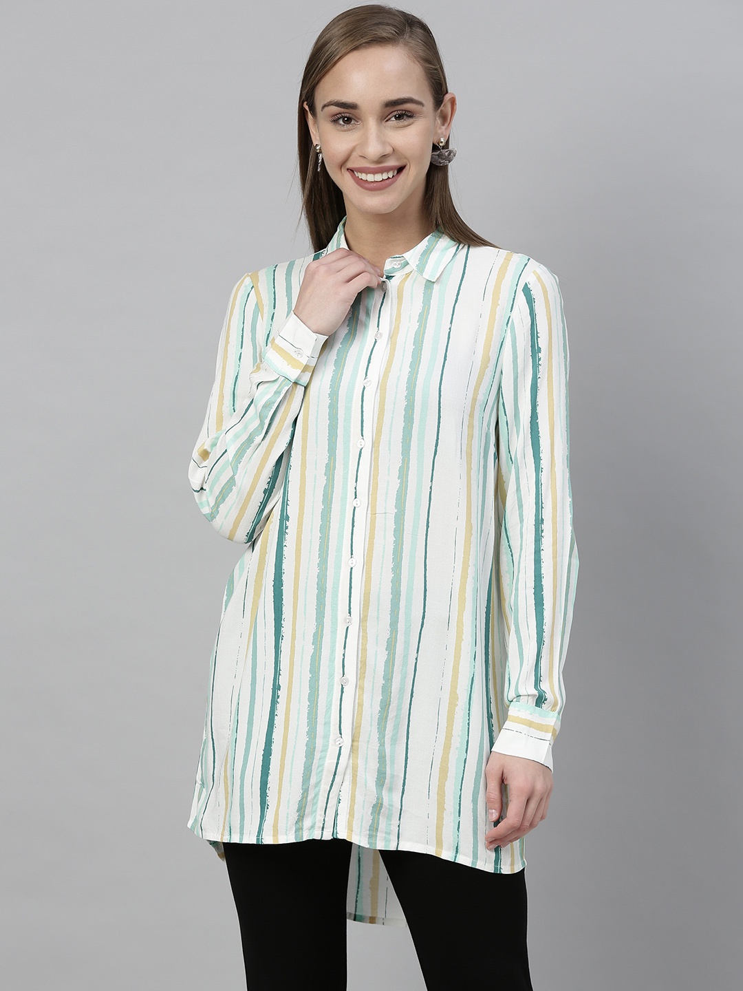 

Vero Moda Women White & Green Regular Fit Striped Casual Shirt