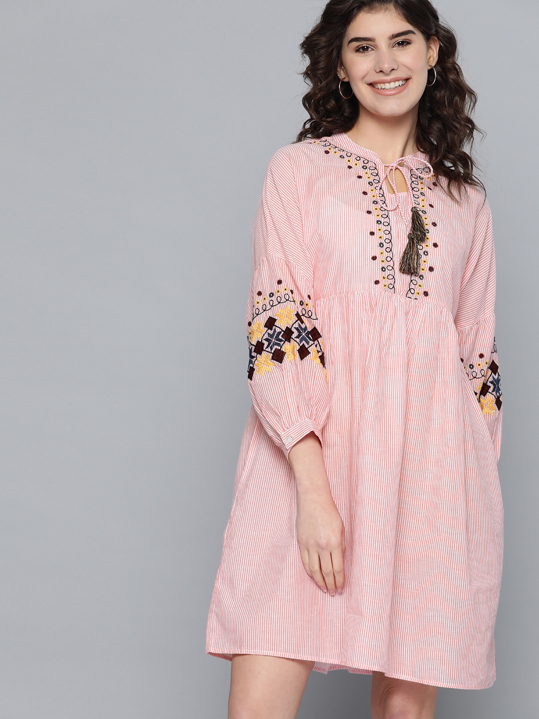 

Mast & Harbour Women Pink & White Striped Pure Cotton A-Line Dress
