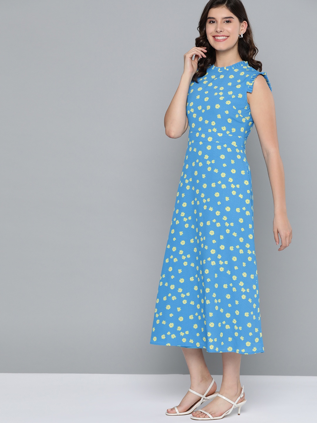 

Mast & Harbour Women Blue & Yellow Floral Printed A-Line Dress