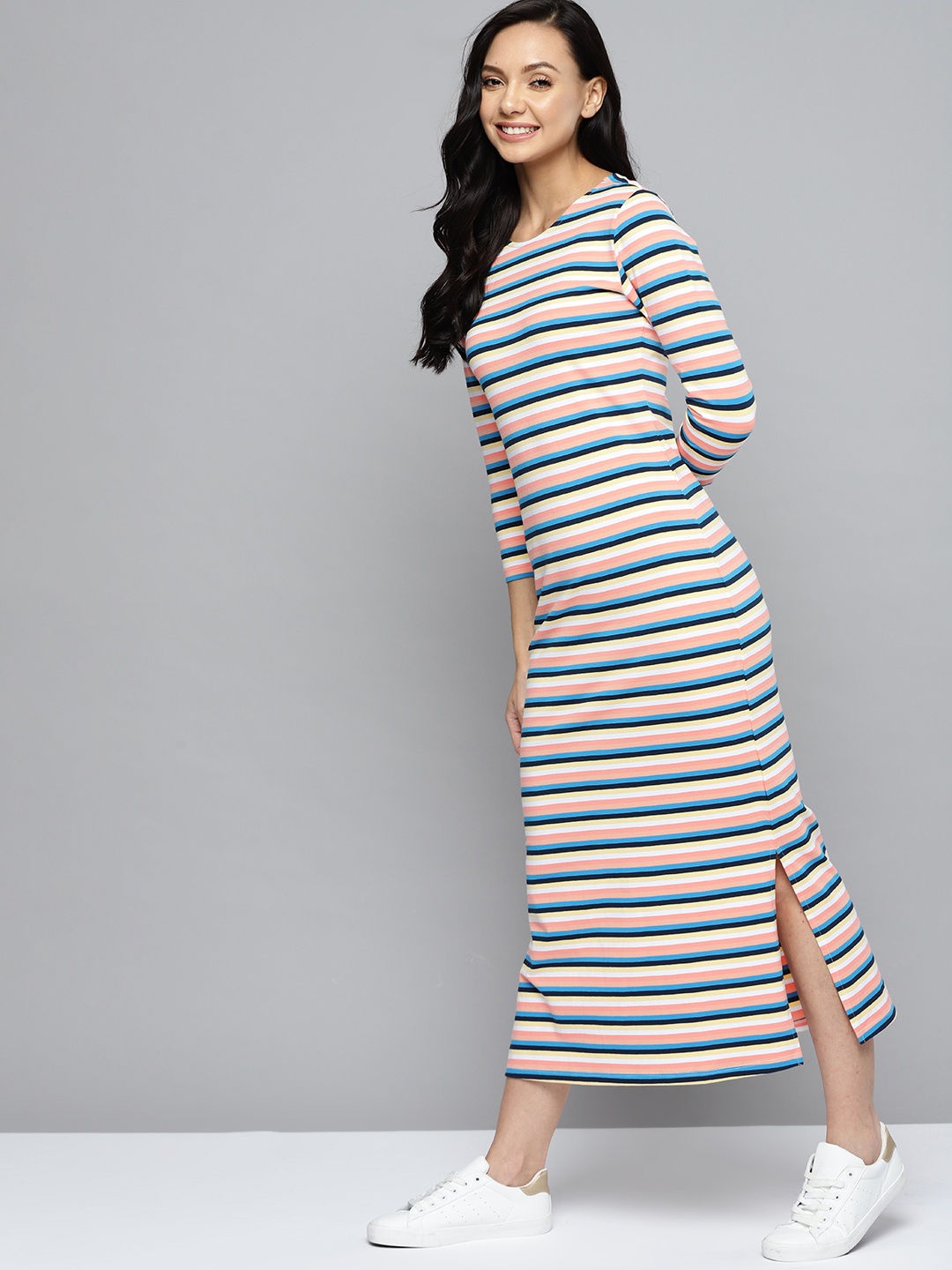 

Mast & Harbour White & Blue Striped A-Line Midi Dress