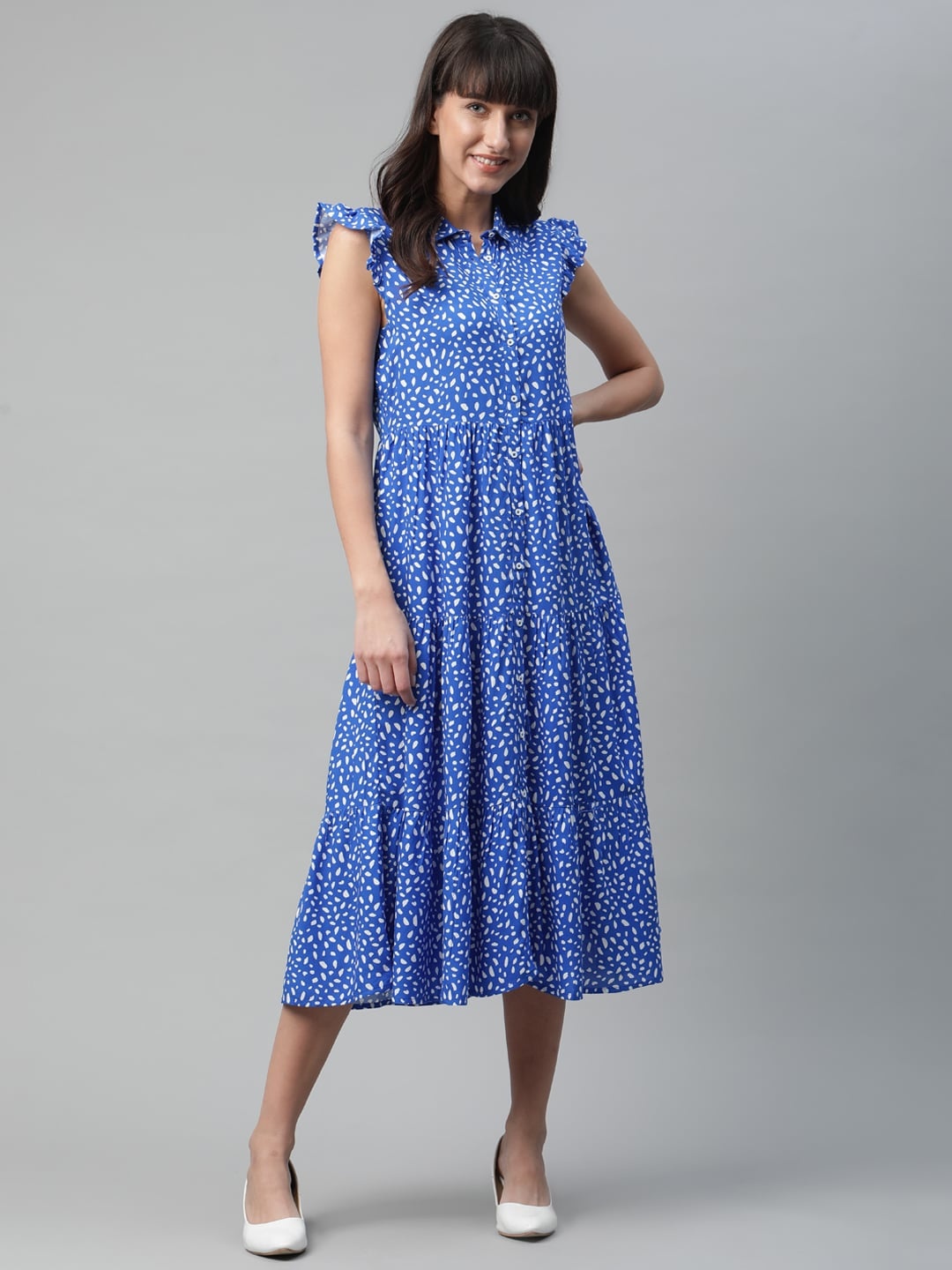 

Mast & Harbour EcoVero Blue & White Printed Shirt Midi Tiered Dress