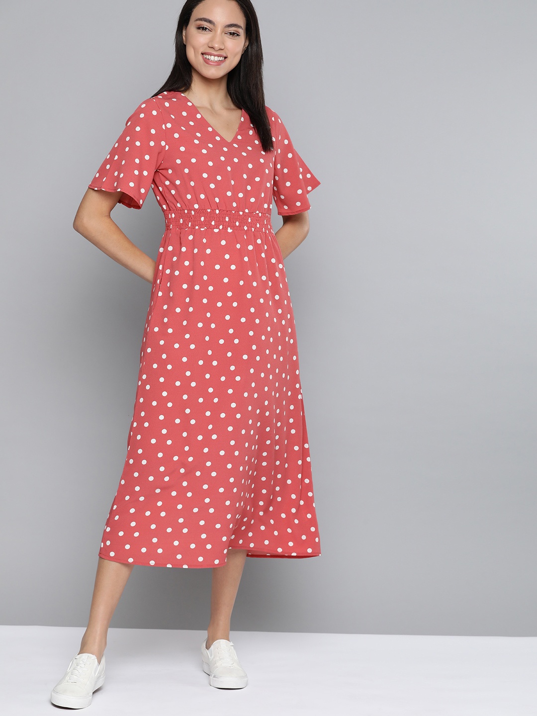 

Mast & Harbour Women Coral Red & White Polka Dots Printed A-Line Dress
