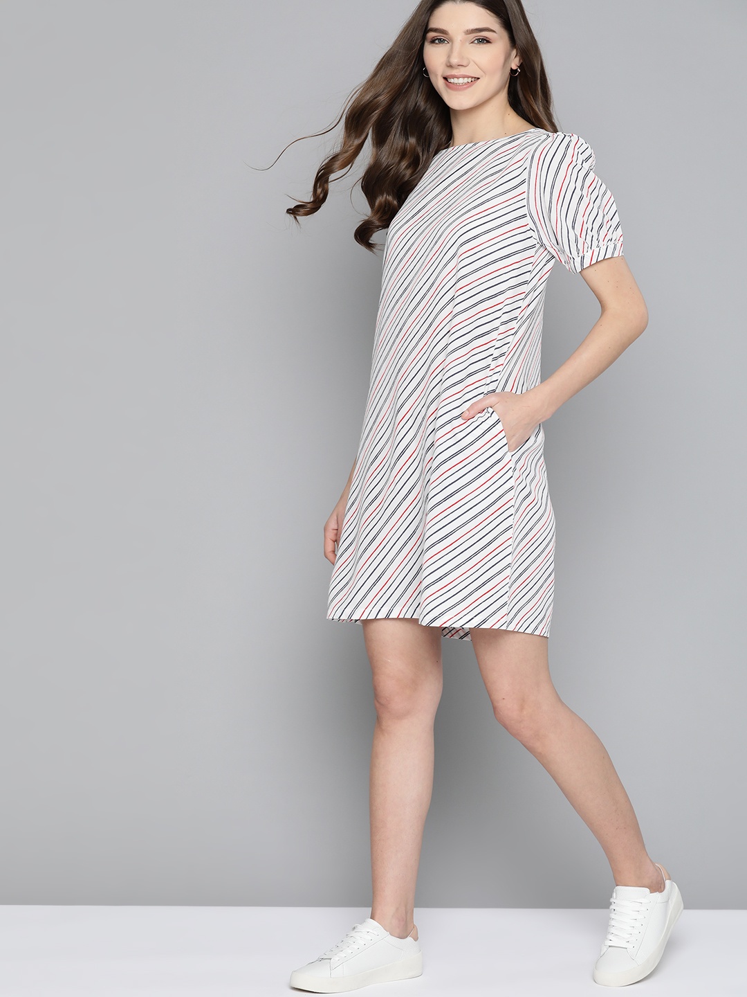 

Mast & Harbour Women White & Navy Striped A-Line Dress