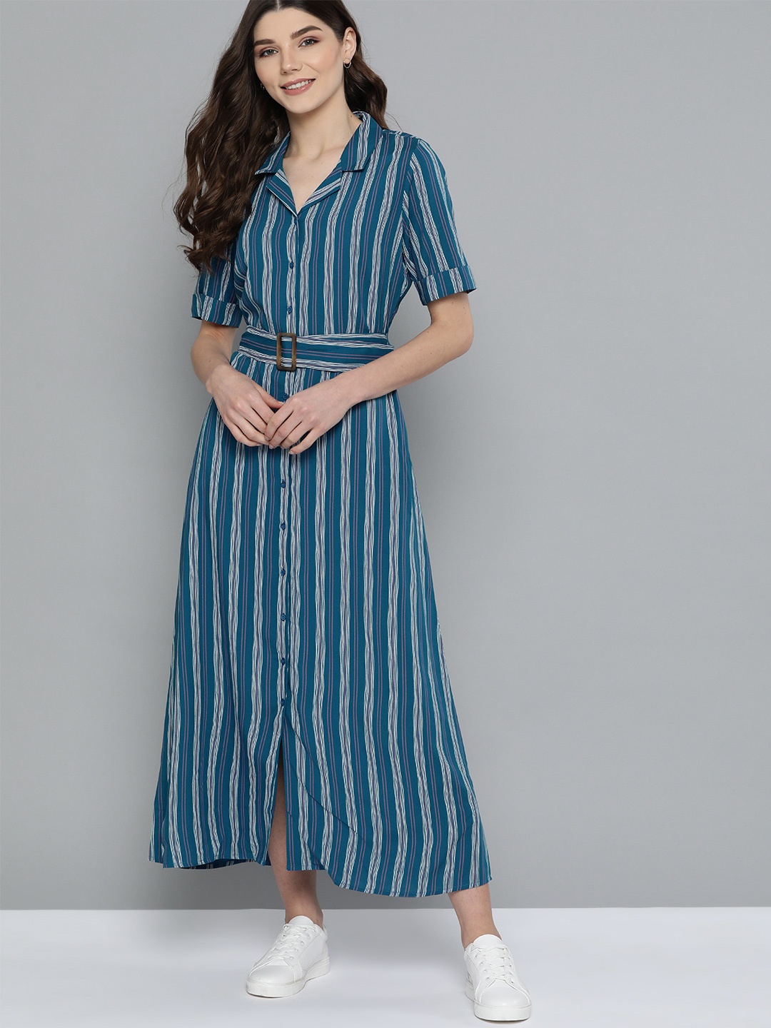 

Mast & Harbour Women Teal Blue & White Striped Ecovero Shirt Dress
