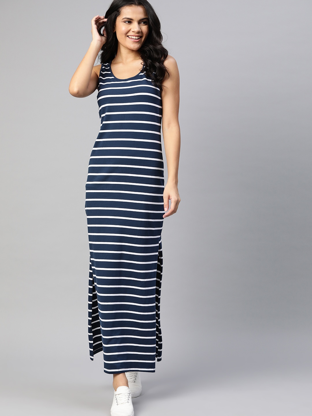 

Mast & Harbour Women Navy Blue & White Striped Maxi Dress