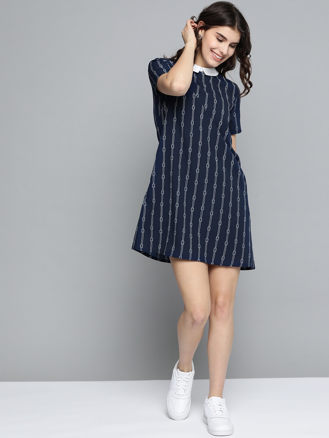 

Mast & Harbour Women Navy Blue & White Striped A-Line Dress