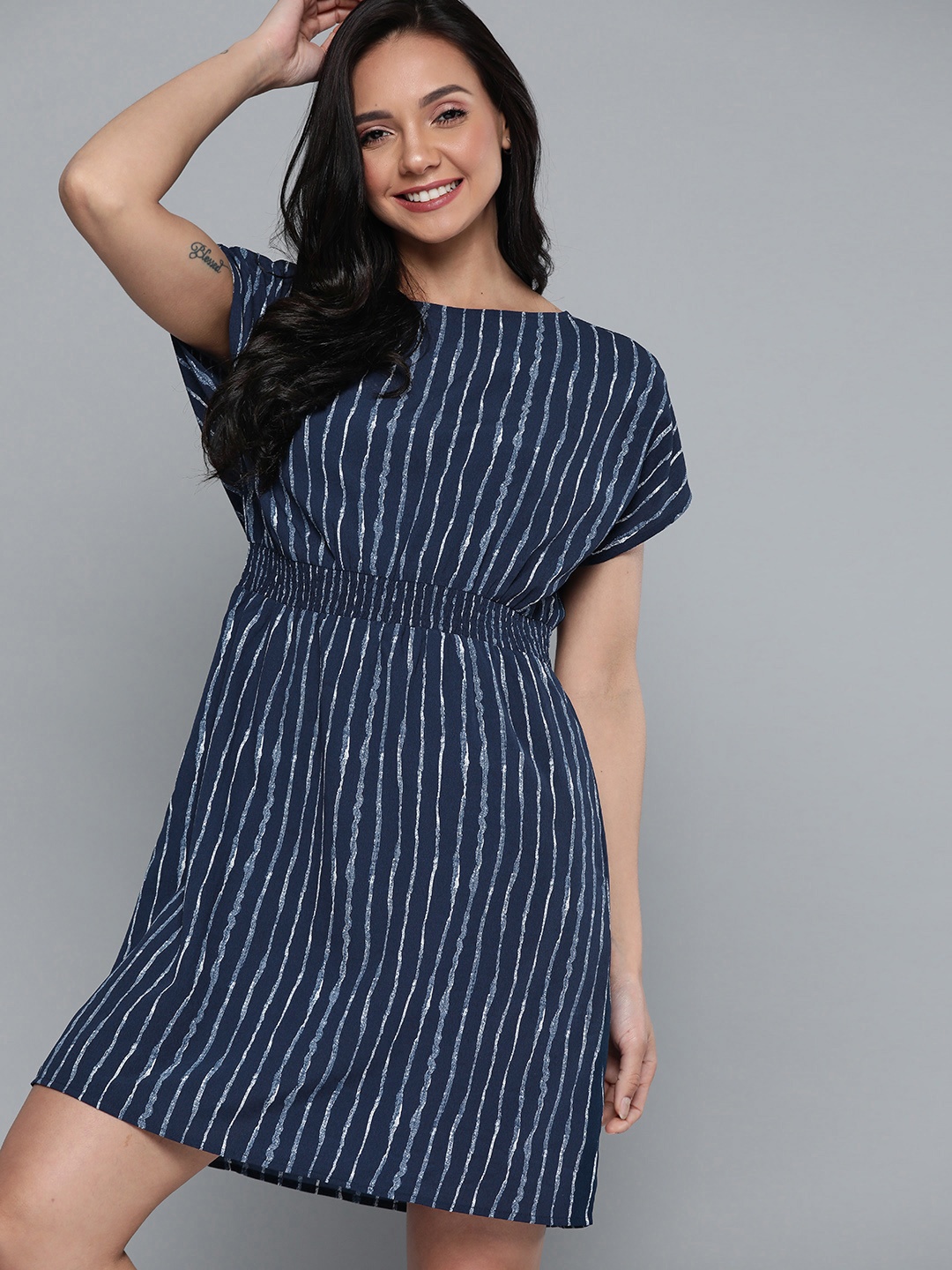 

Mast & Harbour Women Navy Blue & White Striped A-Line Dress with Smoking Detail