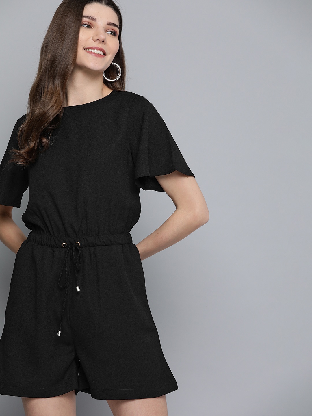 

Mast & Harbour Women Black Flutter Sleeves Solid Playsuit