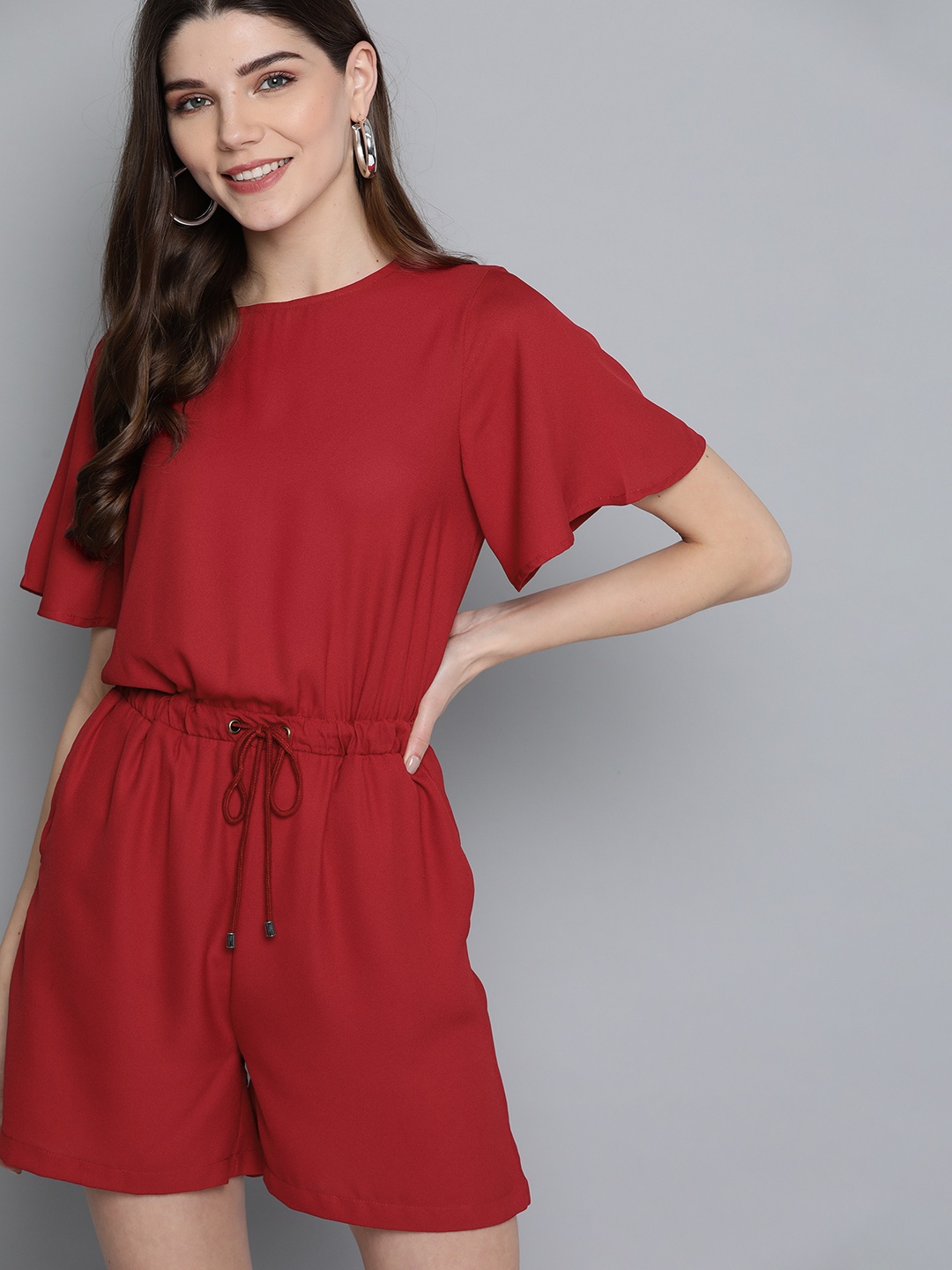 

Mast & Harbour Women Red Flutter Sleeves Solid Playsuit