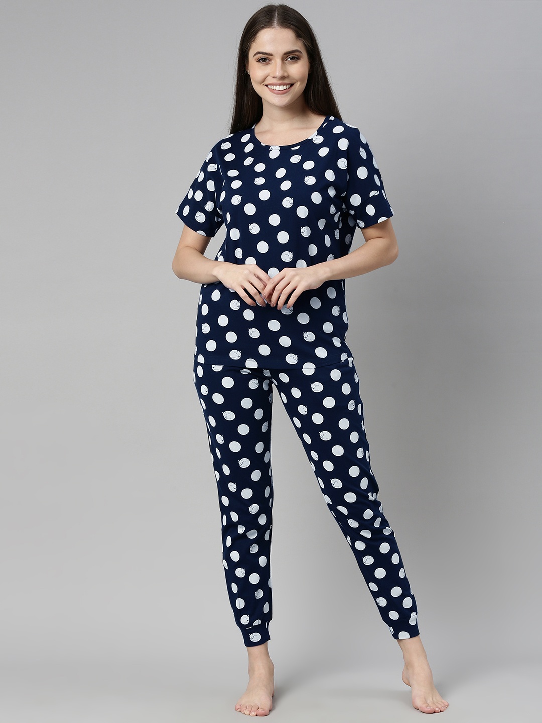 

Mast & Harbour Women Navy Blue & White Polka Dot Printed Night Suit