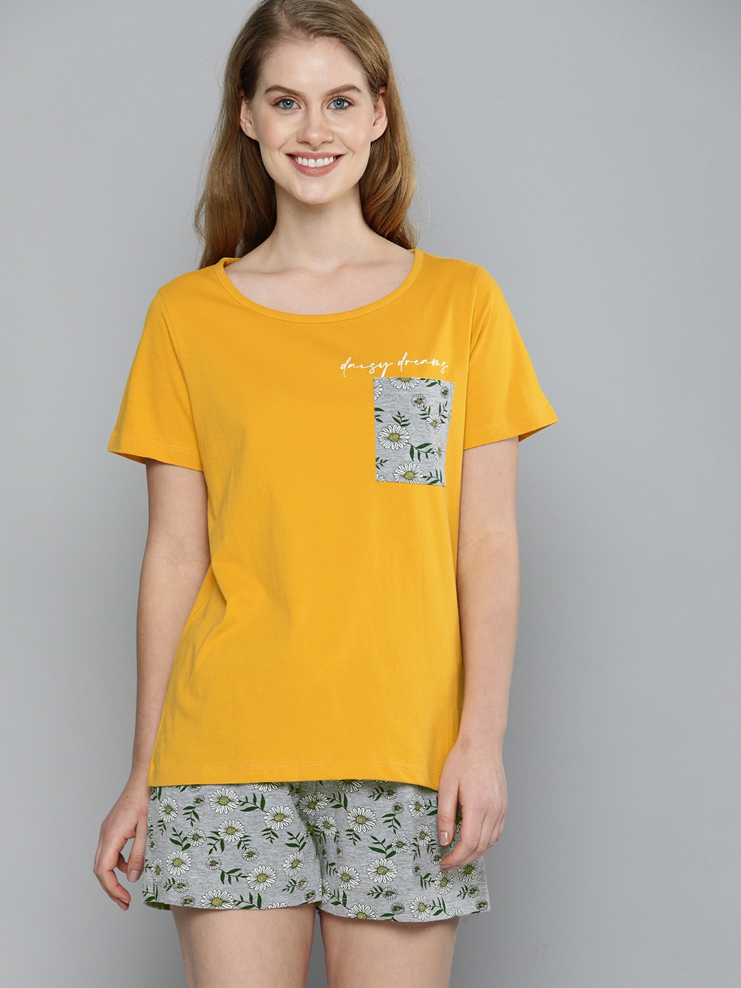 

Mast & Harbour Women Mustard Yellow & Grey Printed Night suit